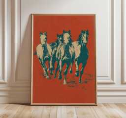 Wild Horse Wall Art Poster, Vintage Western Style Mustang Print, Desert Running Horses Illustration - thumbnail 1