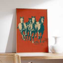 Wild Horse Wall Art Poster, Vintage Western Style Mustang Print, Desert Running Horses Illustration - thumbnail 2