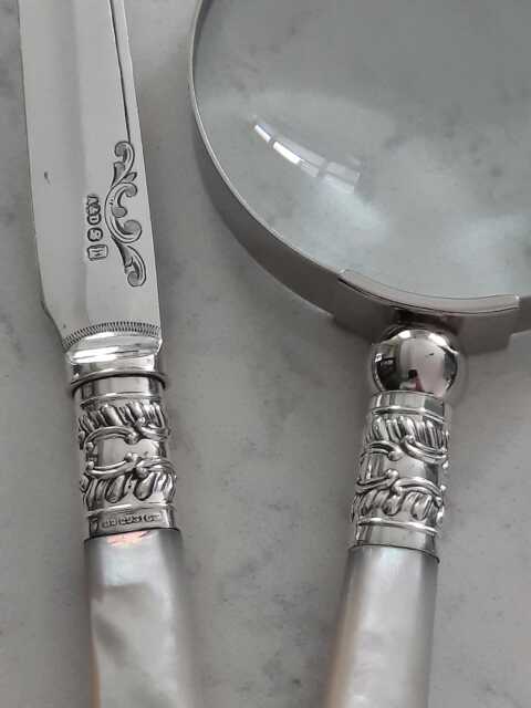 Upcycled Vintage Desk Set With Magnifying Glass & Silver Plated Opener, Mother Of Pearl Handles, Perfect Gift For Gran Or Nan - image 1