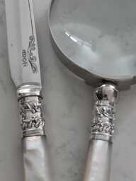 Upcycled Vintage Desk Set With Magnifying Glass & Silver Plated Opener, Mother Of Pearl Handles, Perfect Gift For Gran Or Nan - thumbnail 1