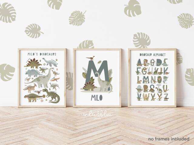 Set Of 3 Blue Dinosaur Posters, Personalised Name Print, Alphabet Bedroom Decor, Playroom Prints - image 1