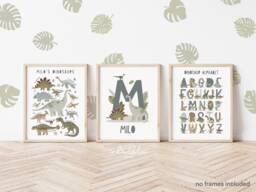 Set Of 3 Blue Dinosaur Posters, Personalised Name Print, Alphabet Bedroom Decor, Playroom Prints - thumbnail 1
