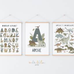 Set Of 3 Blue Dinosaur Posters, Personalised Name Print, Alphabet Bedroom Decor, Playroom Prints - thumbnail 3
