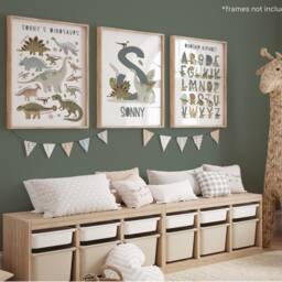 Set Of 3 Blue Dinosaur Posters, Personalised Name Print, Alphabet Bedroom Decor, Playroom Prints - thumbnail 2