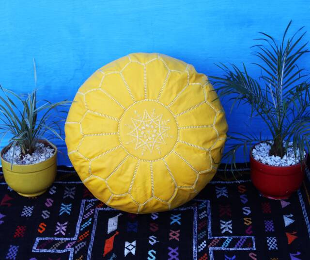 Yellow Moroccan Leather Pouf Hand-stitched Ottoman Footstool - image 1