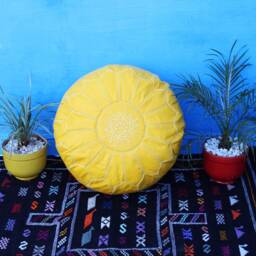Yellow Moroccan Leather Pouf Hand-stitched Ottoman Footstool - thumbnail 4
