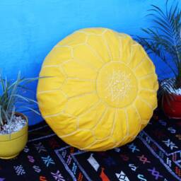 Yellow Moroccan Leather Pouf Hand-stitched Ottoman Footstool - thumbnail 2