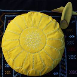 Yellow Moroccan Leather Pouf Hand-stitched Ottoman Footstool - thumbnail 3