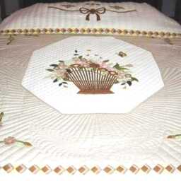 Hand Appliqu?? Flower Basket Quilt, Quilted Heirloom Handmade Cotton Bedspread, Custom Floral Bed Cover, Luxury Artisan Bedding - thumbnail 4