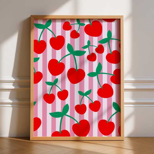 Cherries Print, Unframed Art, Kitchen Wall Decor, Fruit Market, Mediterranean, Italian, Trendy Colour, Food, Gallery Wall, Summer, Hearts - image 1