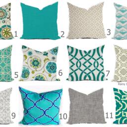 Outdoor Pillow Or Indoor Custom Cover - Blue Aqua Dusty Kiwi Lime Green Moss Ivory 16x16, 18x18 Modern Geometric Ikat - thumbnail 2