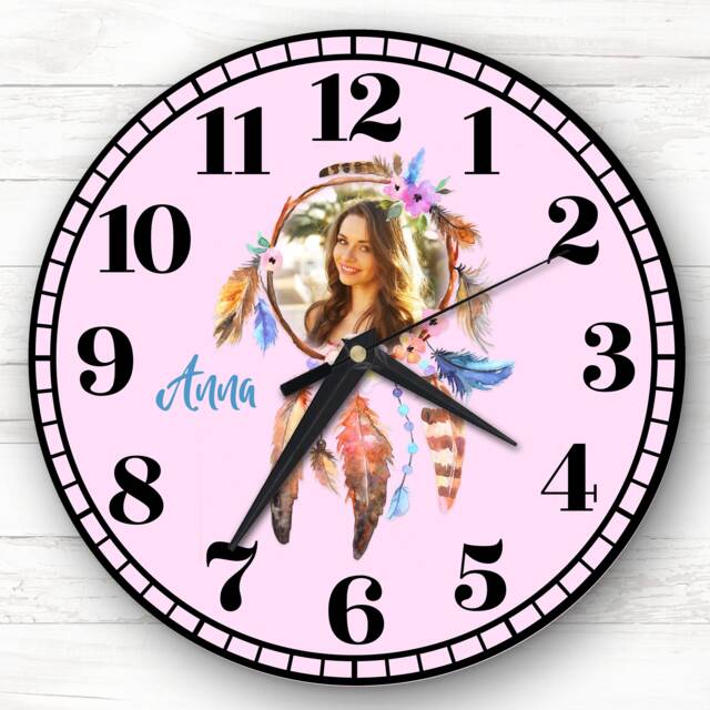 Dream Catcher Girl Pink Photo Personalised Gift Clock - image 1