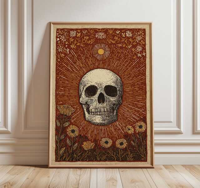 Skull Floral Poster, Rustic Boho Wall Art Print in Folk Illustration Style - image 1
