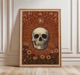 Skull Floral Poster, Rustic Boho Wall Art Print in Folk Illustration Style - thumbnail 1