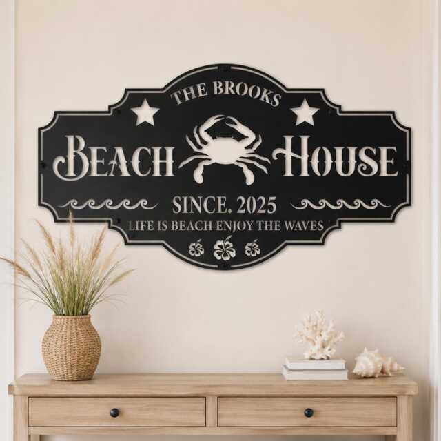 Custom Name Beach House Metal Plaque, Ocean Crab With Floral Accent Wall Sign, Coastal Residence Indoor Outdoor Decor - image 1