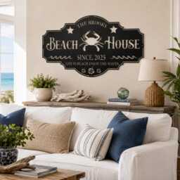 Custom Name Beach House Metal Plaque, Ocean Crab With Floral Accent Wall Sign, Coastal Residence Indoor Outdoor Decor - thumbnail 2