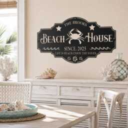 Custom Name Beach House Metal Plaque, Ocean Crab With Floral Accent Wall Sign, Coastal Residence Indoor Outdoor Decor - thumbnail 4