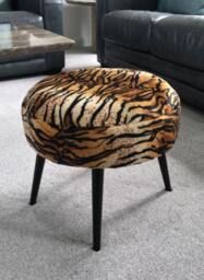 Tiger Print Round Footstool Black Metal Legs, Animal Ottoman - thumbnail 1
