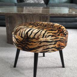 Tiger Print Round Footstool Black Metal Legs, Animal Ottoman - thumbnail 3