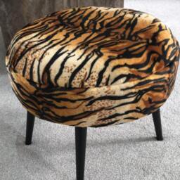 Tiger Print Round Footstool Black Metal Legs, Animal Ottoman - thumbnail 2