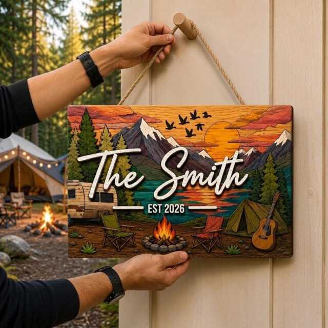 Personalized Camping Family Name Sign, Custom Camper Plaque, Campfire Wall Decor, Travel Gift - image 1