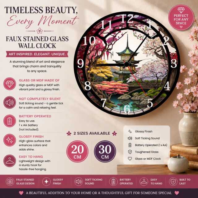 Japanese Pagoda Glass Or Mdf Wall Clock Faux Stained Decor - image 1
