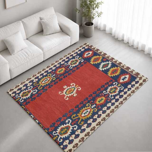 Terracotta Blue Traditional Kilim Medallion Rug Non-Slip Soft Area Carpet Bedroom Living Room Hallway Mat Decor - Made in UK - image 1