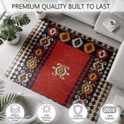 Terracotta Blue Traditional Kilim Medallion Rug Non-Slip Soft Area Carpet Bedroom Living Room Hallway Mat Decor - Made in UK - thumbnail 3