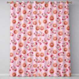 Cute Kawaii Donut & Strawberry Drink Pattern Soft Pink Background Seamless Readymade Eyelet Ring Top Thermal 100% Blackout Curtains - thumbnail 2