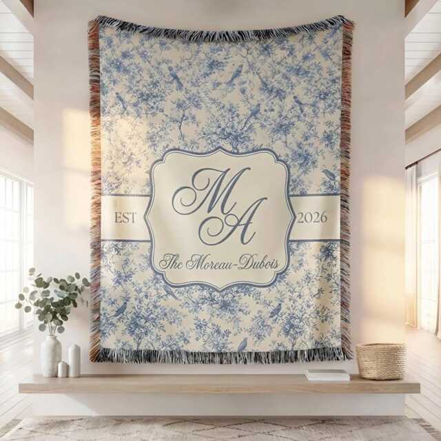 Blue Toile Monogram Woven Blanket, Last Name Floral Custom Family Blanket - image 1