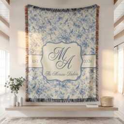 Blue Toile Monogram Woven Blanket, Last Name Floral Custom Family Blanket - thumbnail 1