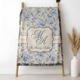Blue Toile Monogram Woven Blanket, Last Name Floral Custom Family Blanket - thumbnail 3