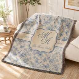 Blue Toile Monogram Woven Blanket, Last Name Floral Custom Family Blanket - thumbnail 2