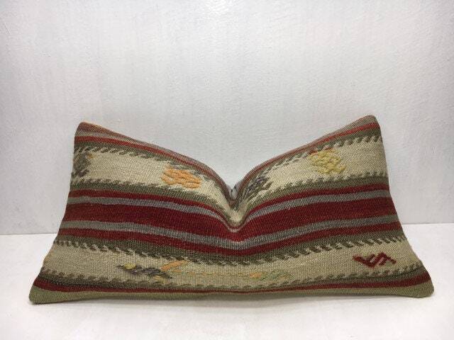 Vintage Turkish Kilim Pillow Cover, Bohemian Throw - 12x24 - image 1