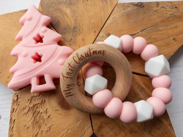 Baby Sensory Toy Set Beech Wood Fiddle Ring, Food Grade Silicone - image 1