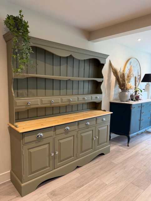 Olive Green Country Style Dresser With Natural Wood Top - Large Storage Cabinet - image 1