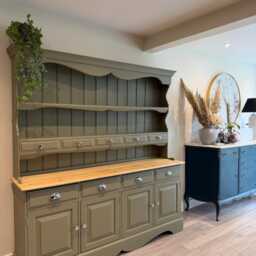 Olive Green Country Style Dresser With Natural Wood Top - Large Storage Cabinet - thumbnail 2