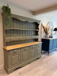 Olive Green Country Style Dresser With Natural Wood Top - Large Storage Cabinet - thumbnail 1
