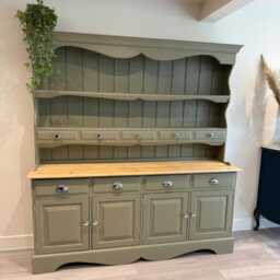 Olive Green Country Style Dresser With Natural Wood Top - Large Storage Cabinet - thumbnail 3