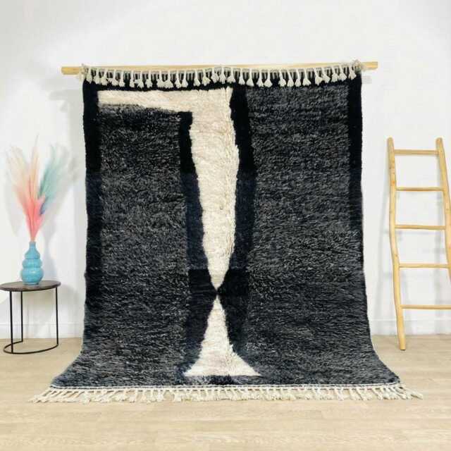 Moroccan Black & White Berber Rug, Handwoven Wool Shag Abstract Geometric Figure, Authentic Beni Ourain Style Carpet, Large Area Rug - image 1