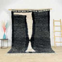 Moroccan Black & White Berber Rug, Handwoven Wool Shag Abstract Geometric Figure, Authentic Beni Ourain Style Carpet, Large Area Rug - thumbnail 1