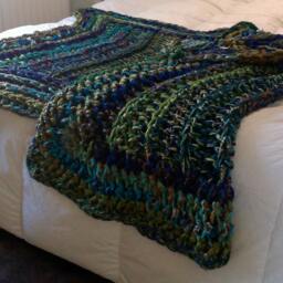 Crochet Blanket in Green, Navy Blue & Brown - thumbnail 3