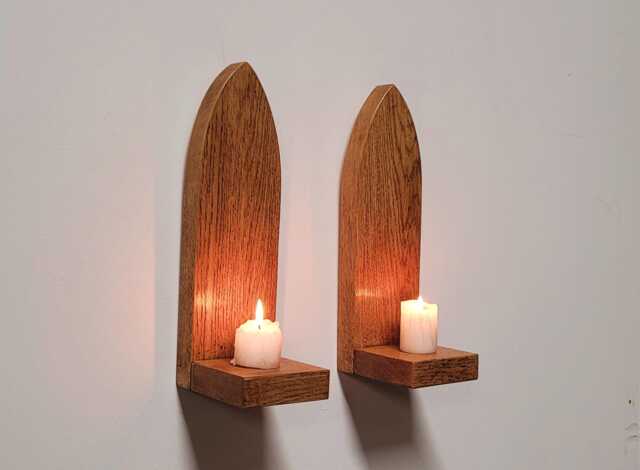 Pair Of Gothic Arch Wall Hanging English Oak Candle Holder Sconce Shelf Hand Made - image 1