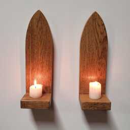 Pair Of Gothic Arch Wall Hanging English Oak Candle Holder Sconce Shelf Hand Made - thumbnail 2