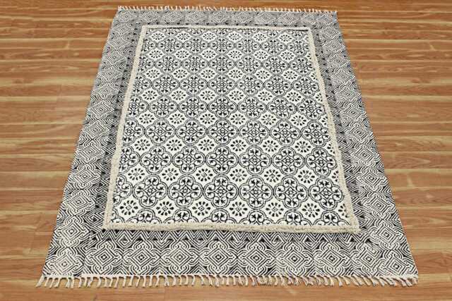 Floral Block Printed Cotton Rug - Hand Woven Black & Ivory Moroccan Area - image 1