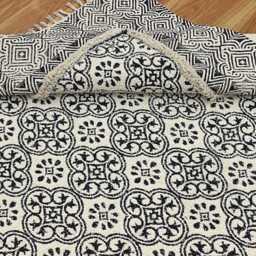 Floral Block Printed Cotton Rug - Hand Woven Black & Ivory Moroccan Area - thumbnail 2
