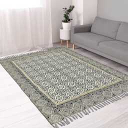 Floral Block Printed Cotton Rug - Hand Woven Black & Ivory Moroccan Area - thumbnail 3