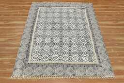 Floral Block Printed Cotton Rug - Hand Woven Black & Ivory Moroccan Area - thumbnail 1