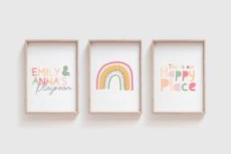 3 Girls Playroom Prints, Sister Bedroom Nursery Print, Our Happy Place, Wall Art, Decor - thumbnail 1