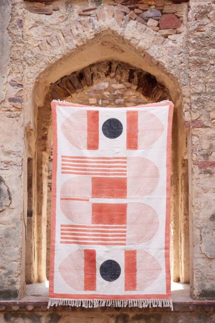 Hand Block Printed Cotton Rug Terracotta & Black Geometric Rug - Boho Modern Decor - image 1